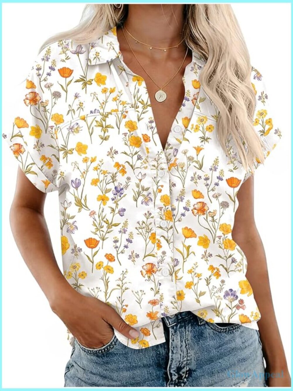 Short Sleeve Button Down Shirt V Neck Collared Blouse Casual Top